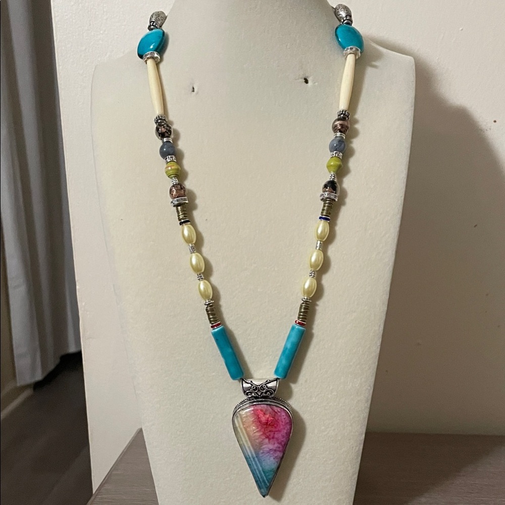 Artisan Turquoise and Silver Glass and Stone Pendant Necklace - Picture 3 of 11